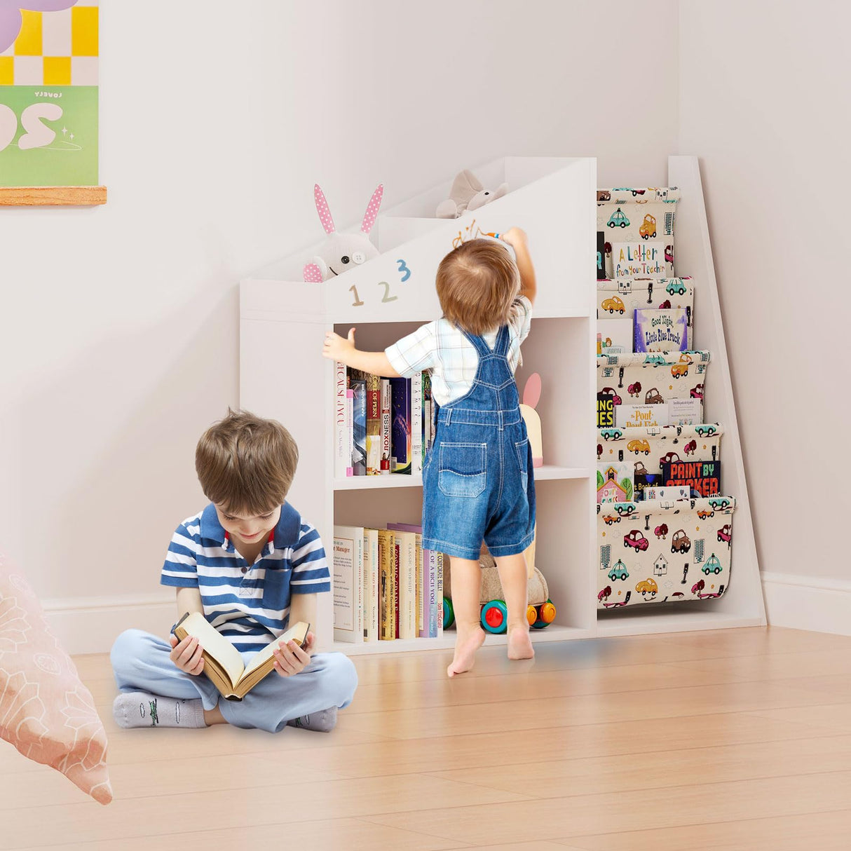 HedoAjim 2-Tier Sling Bookshelf with Blackboard & Storage for Kids HedoAjim