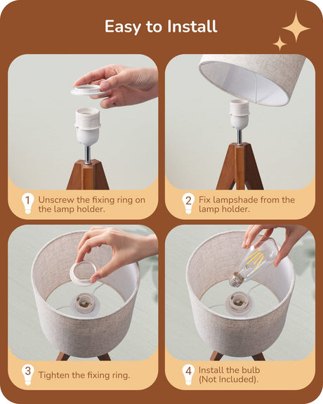 EDISHINE Tripod Table Lamp, Small Cute Bedside Lamp with Linen Beige Lampshade, Nightstand Lamp for Nursery, Bedroom, Kid Room, Living Room, Light Brown Wooden Base, E26 Socket, 14.2 Inch EDISHINE