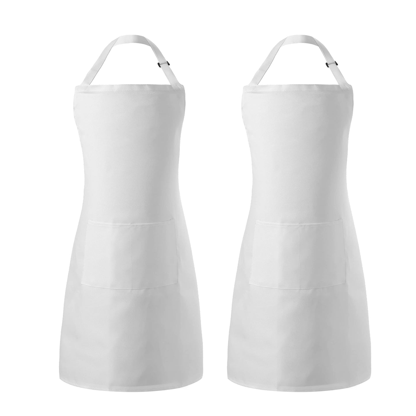 Tosewever 2 Pack Adjustable Bib Apron, Waterdrop Resistant Aprons with 2 Pockets Cooking Kitchen Restaurant Aprons for Women Men Chef, BBQ Drawing Crafting Outdoors (Polyester-White, 2)