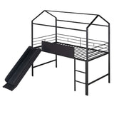 Twin House Loft Beds with Slide and Chalkboard, Low Loft Bed Twin Size, Metal House Bed with Guardrail and Ladder, Metal Twin Size Loft Bed for Kids Teens Girls Boys (Twin, Black) Harper & Bright Designs