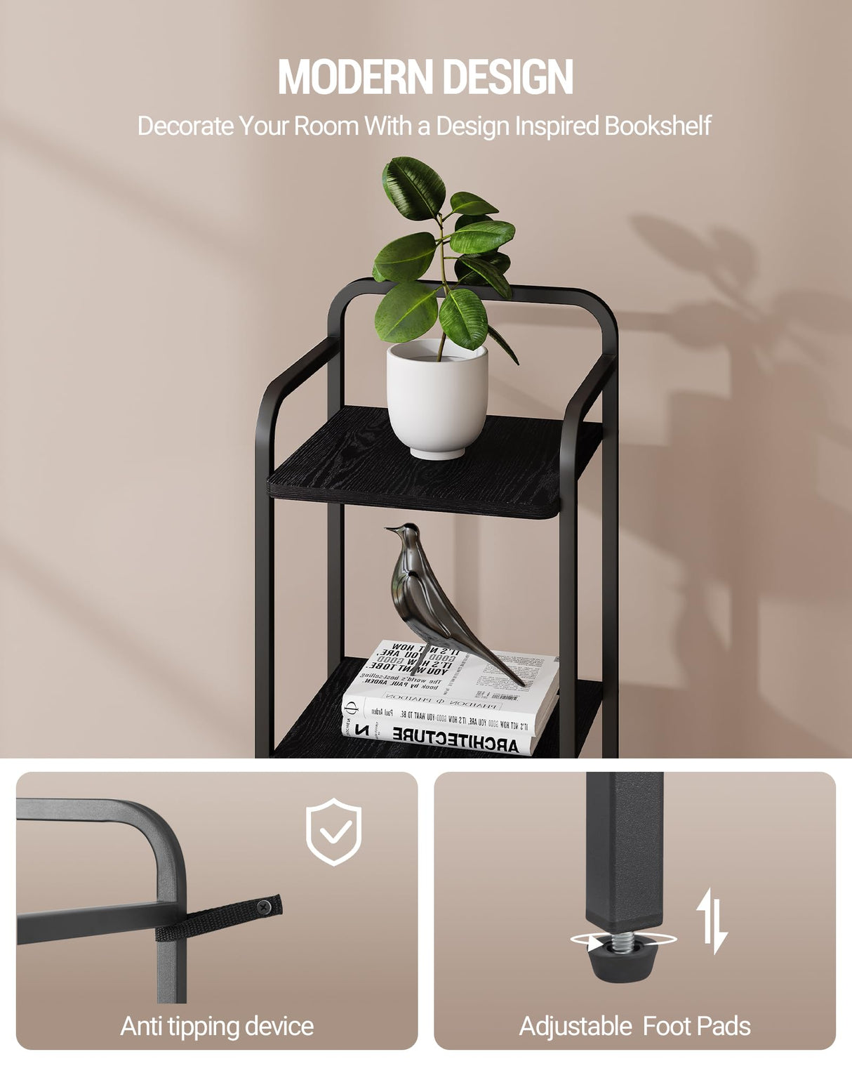 Hzuaneri Bookcase Bookshelf, Narrow Book Shelf, Industrial Corner Shelf Storage Organizer, Slim Shelving Unit for Home Office, Living Room, Bedroom, Kitchen, 5-Tier Black BC24504B Hzuaneri