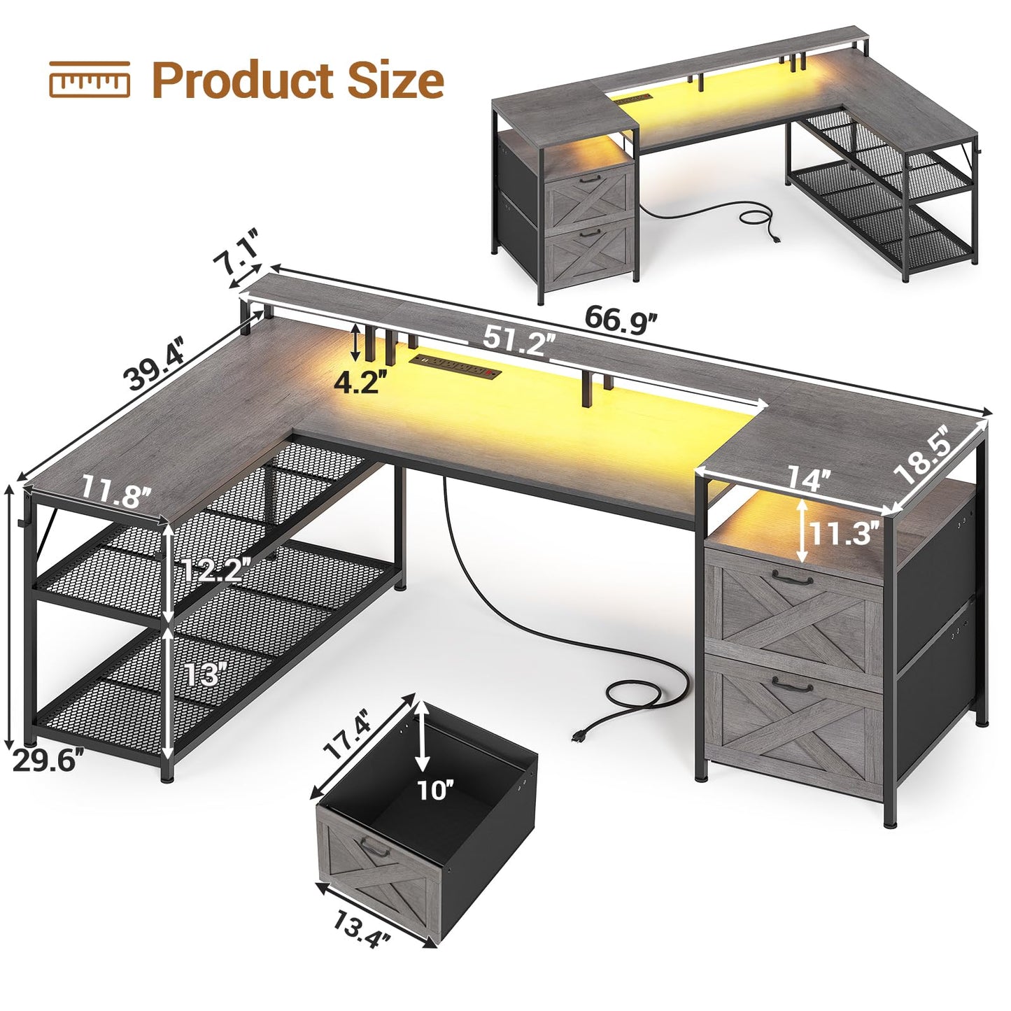 SEDETA 67" L Shaped Desk with Drawers, Computer Office Desk with Storage Shelves & Power Outlet, Reversible Gaming Desk with LED Lights for Home Office, Grey - WoodArtSupply