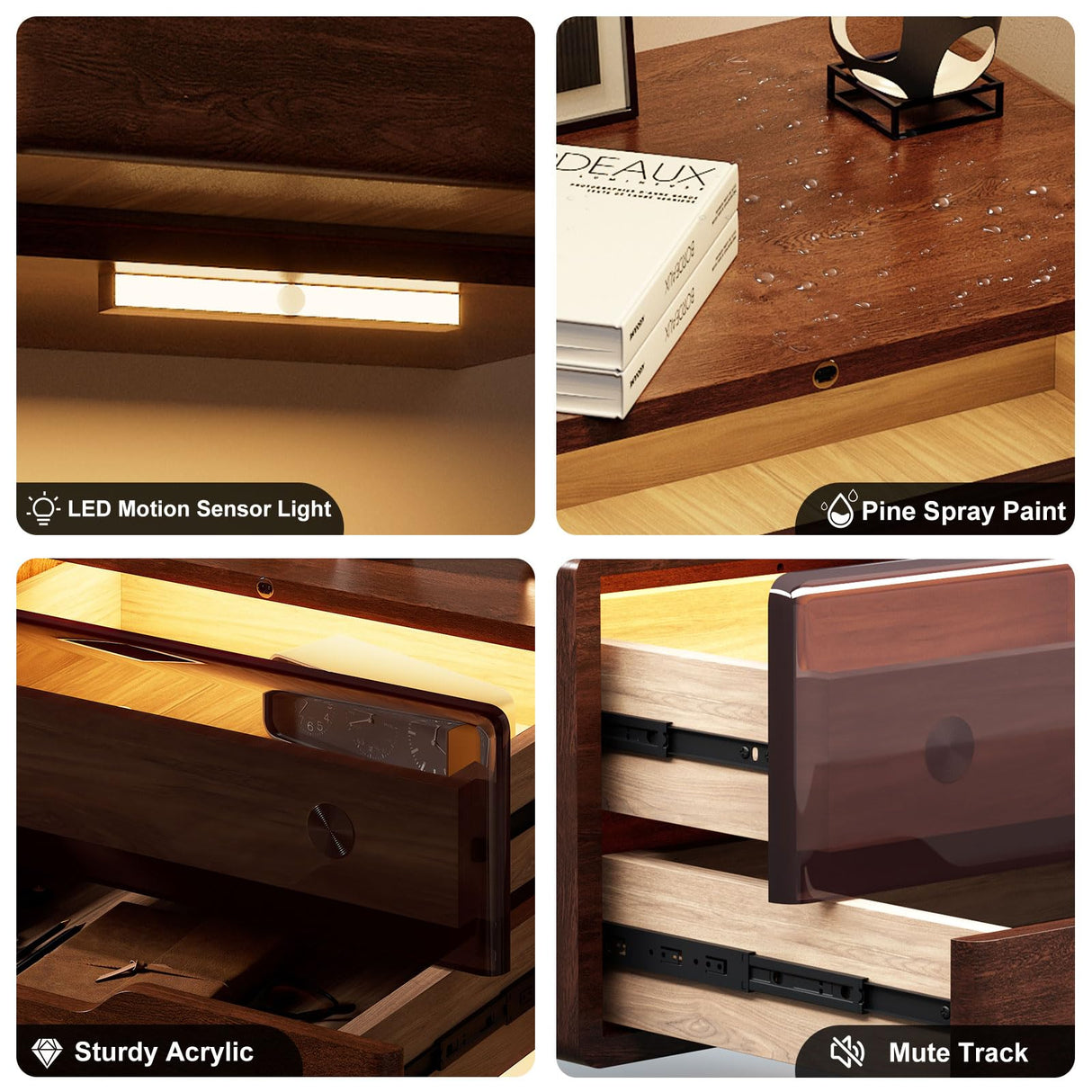 MUSSTUFIC Floating LED Nightstand, Smart Sensor Bedside Wall Mounted Wood Side End Table with 2 Storage Drawers for Bedroom Dorm Small Space, Dark Walnut (Walnut, 1 pcs) MUSSTUFIC