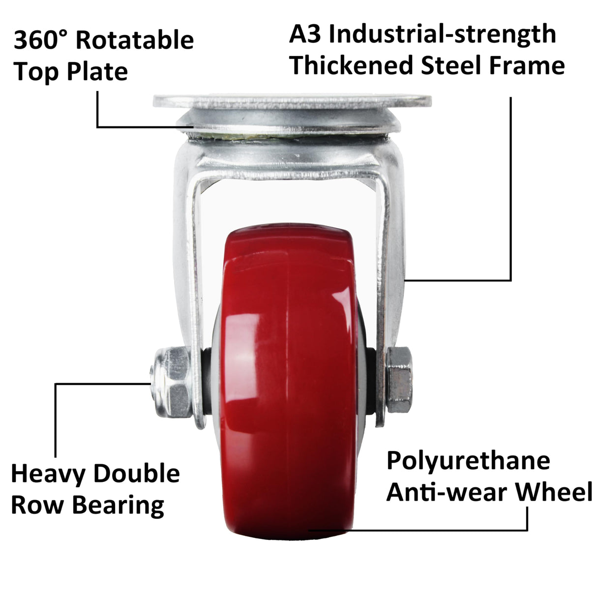 Finnhomy 3 Inch Swivel Casters Wheels Set of 4 Heavy Duty Plate Casters Premium Polyurethane Wheels PU Load Bearing 2,200 Lbs Anti-wear Smooth Casters Red (Free Screws) Finnhomy