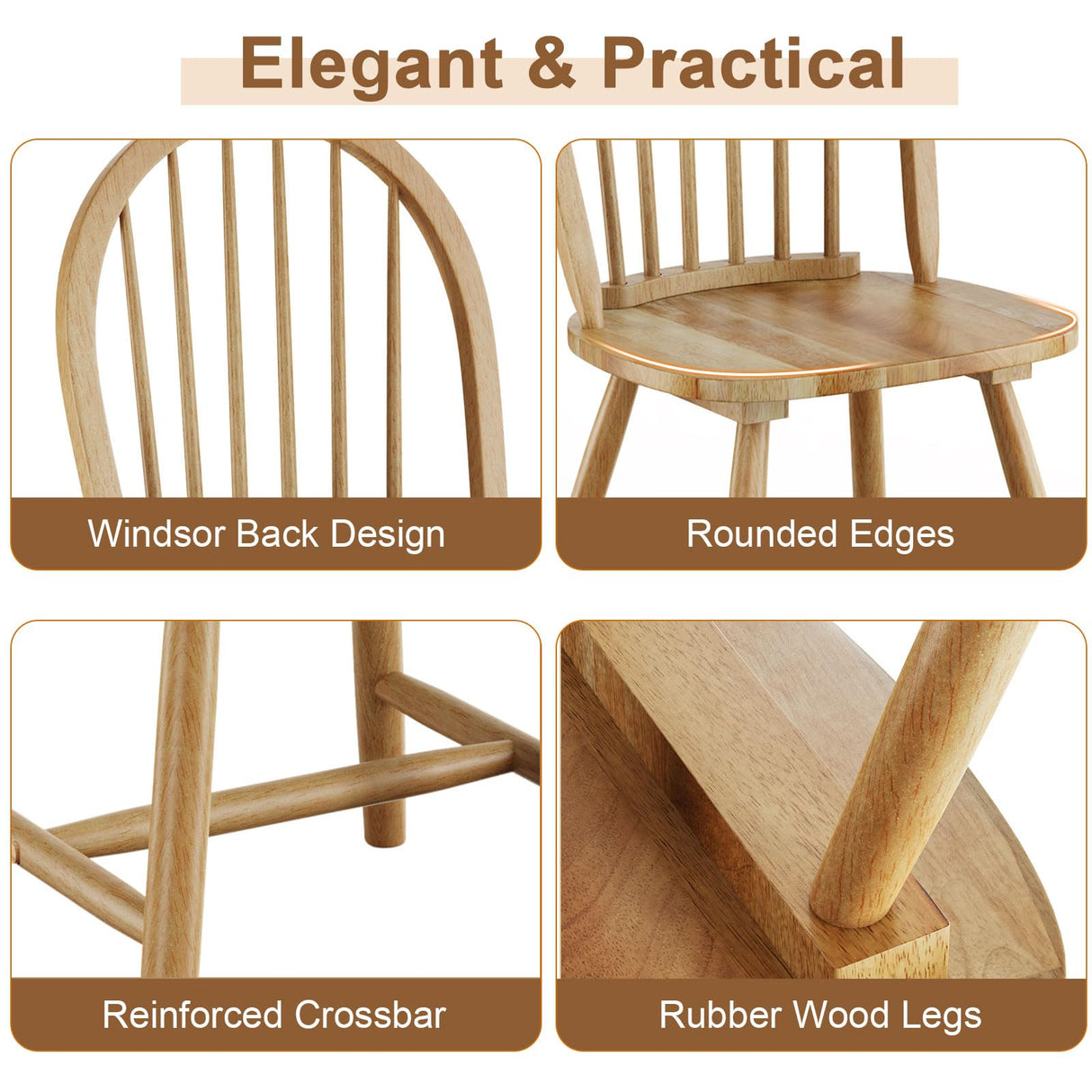 Safeplus 18" Oak Dining Chairs Set of 4, Wood Windsor Chair with Spindle Back for Country Farmhouse Kitchen Island Safeplus