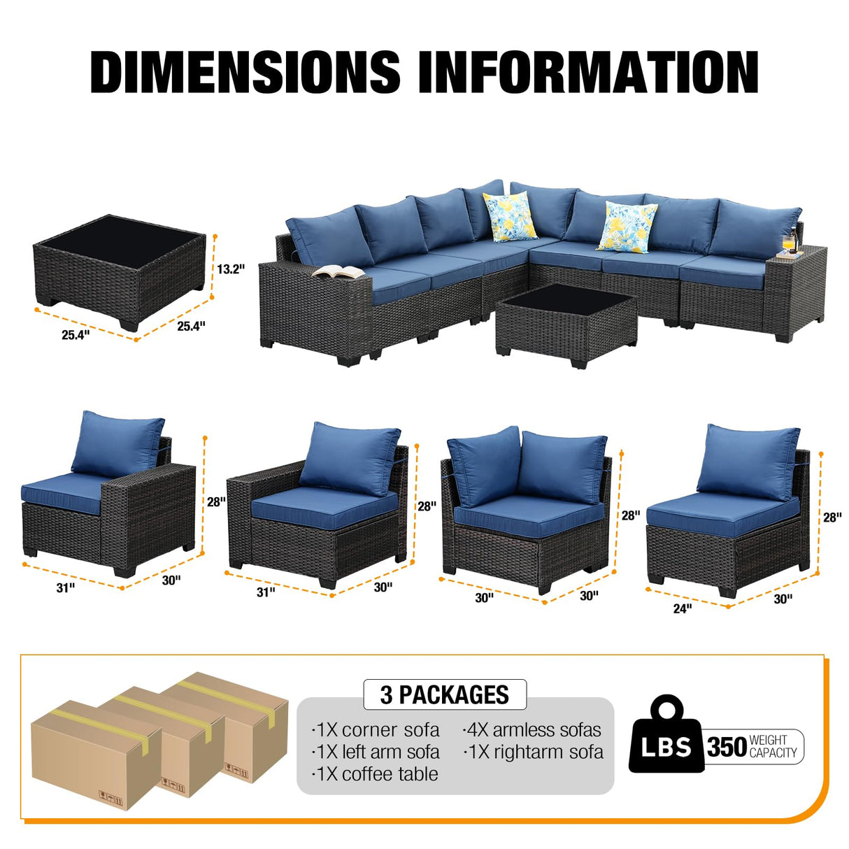 JOYURE 8 Pieces Patio Furniture Set All-Weather Outdoor Wicker Sectional Conversation Sofa Rattan Patio Seating Sofa with Cushion and Glass Table for Porch Poolside,Navy JOYURE