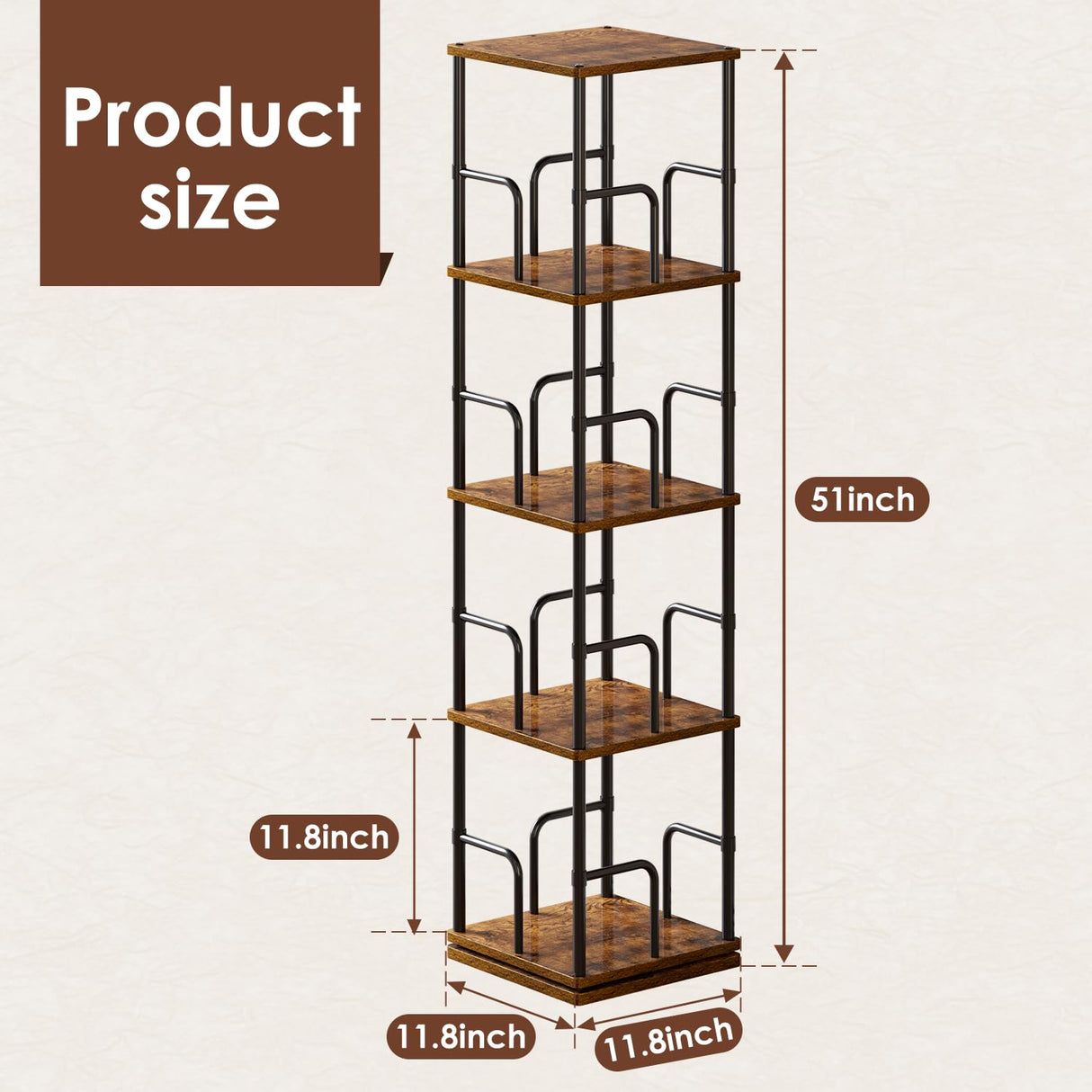 Rotating Book Shelf, 4 Tier Small Narrow Corner Bookshelf Bookcase For Small Spaces, Floor Standing Little Square Bookshelves Bookcases For Bedroom/Living Room, Sturdy, 120 Books Capacity,Retro Rustic Cidaziya