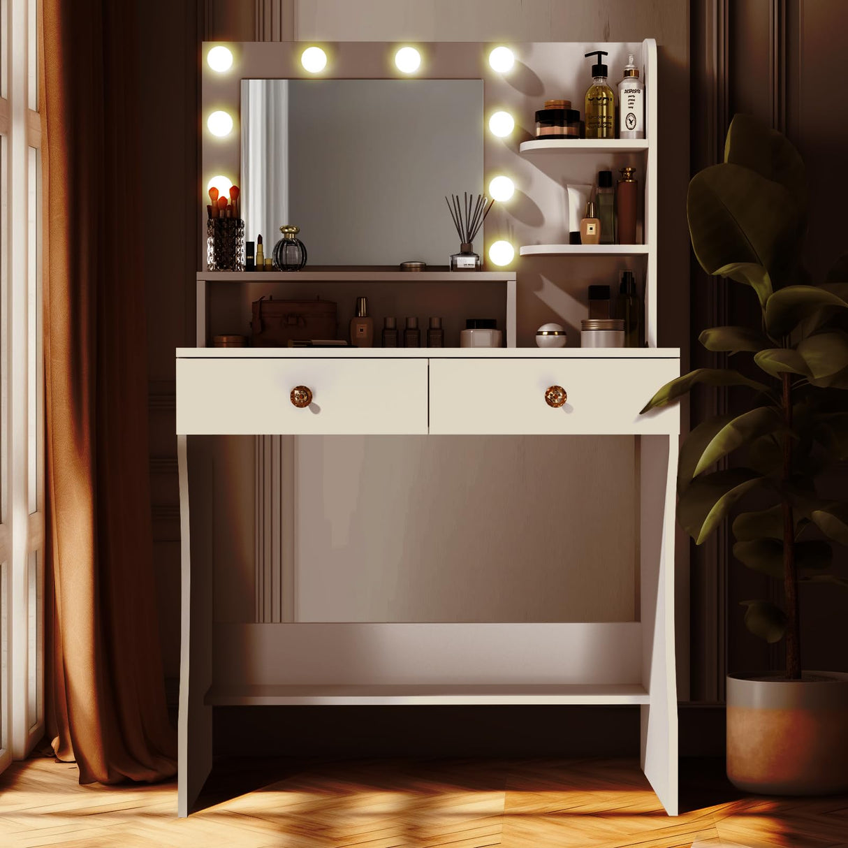 CUOZOVA Vanity Desk with Mirror and Lights, White Vanity with Lighted Mirror, Vanity with Lights with Drawers & Shelves, Makeup Vanity Desk with Lights for Bedroom & Dressing Room, 3 Lighting Modes CUOZOVA