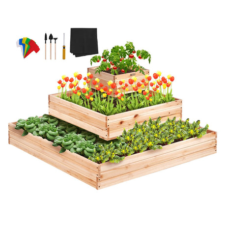 VEVOR 3 Tier Raised Garden Bed Wood Outdoor, 45 x 45 x 20in High End Natural Fir Wood Planter Box, Outdoor Planting Boxes for Flowers/Vegetables/Herbs in Backyard/Garden/Patio/Balcony, with Open Base VEVOR
