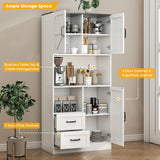 HAUXITIO Kitchen Pantry Storage Cabinet - with LED Lights and Power Strip, 68" Tall Food Pantry Hutch Organizer with Countertop, 2 Drawers, 3 Doors, Adjustable Shelves for Dining Living Room, White HAUXITIO