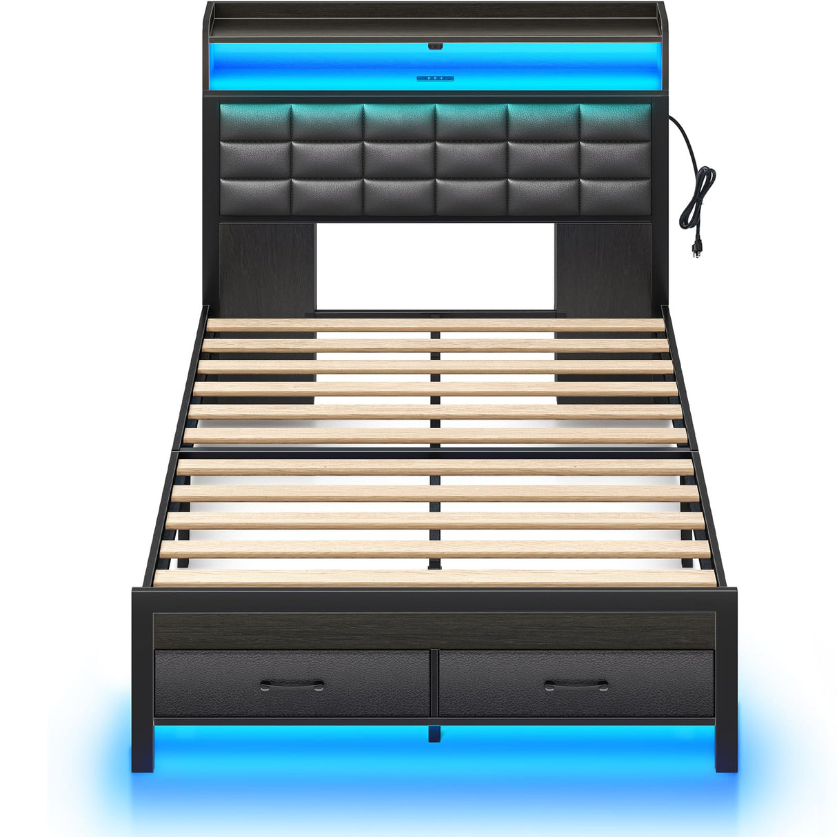 Rolanstar Bed Frame Twin Size with Storage Headboard and 2 Drawers, Upholstered Platform Bed with Charging Station and LED Light, Heavy Duty Frame Support, No Box Spring Needed, Noise Free, Black Rolanstar