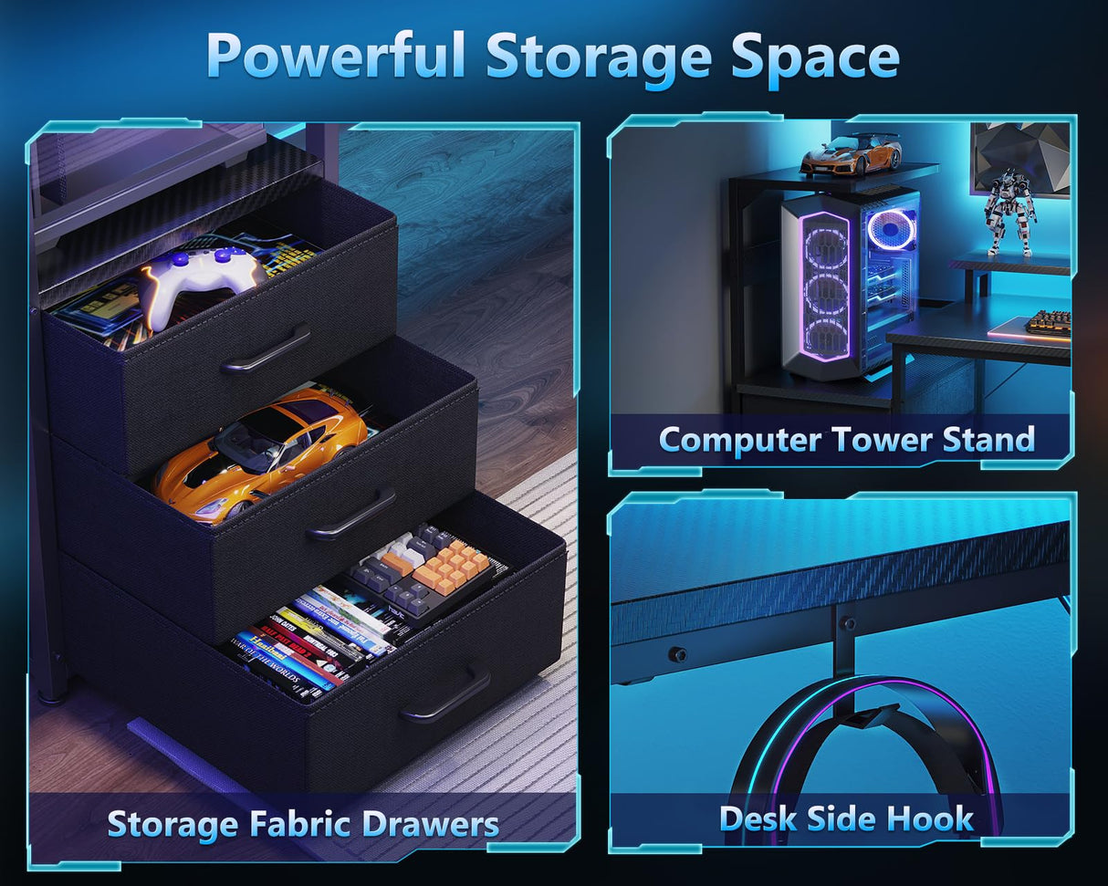 AODK 59 Inch Gaming Desk with USB Charging Ports & LED Light- Reversible Computer Desk with Storage Shelves & Monitor Stand, Modern Gamer Desk Table with Fabric Drawers & Side Hook, Carbon Fiber Black AODK