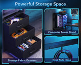 AODK 59 Inch Gaming Desk with USB Charging Ports & LED Light- Reversible Computer Desk with Storage Shelves & Monitor Stand, Modern Gamer Desk Table with Fabric Drawers & Side Hook, Carbon Fiber Black AODK