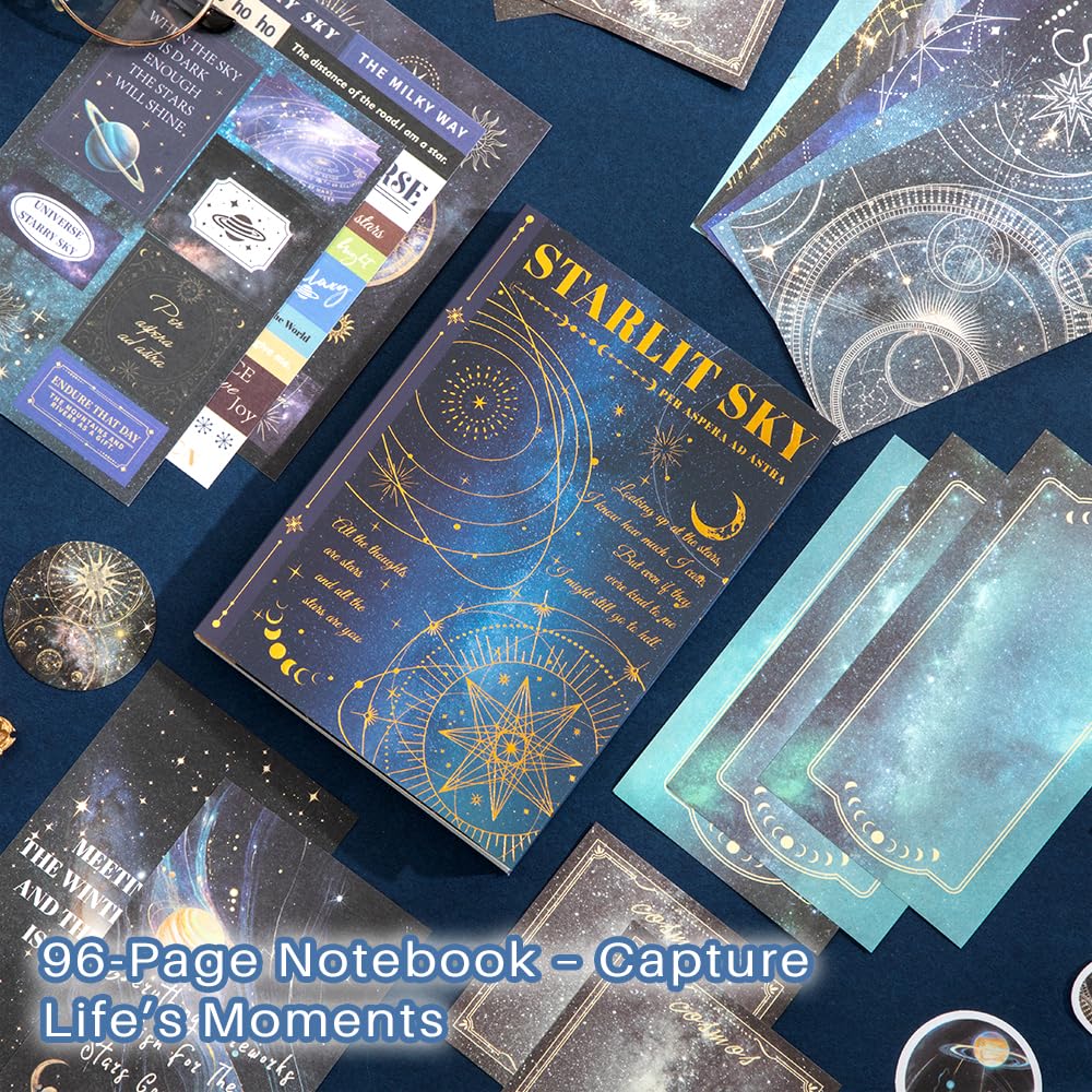 icceemee Scrapbooking Supplies Kit, Blue Starry Sky Scrapbooking Kit for Bullet Junk Journaling, Stationery, A6 Grid Notebook, Floral DIY Note-Taking Supplies, Birthday Craft Gift for Teen Girls icceemee