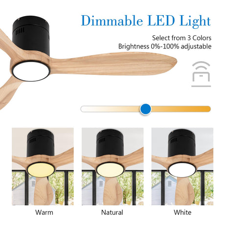 VACILL Flush Mount Ceiling Fan with Light,Low Profile Ceiling Fan,Wooden Fan Blades,6 Speed,LED Dimmable,DC Motor,52 inch,Natural Wood Blade VACILL