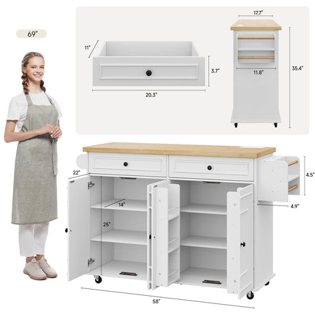 ONBRILL 58" Mobile Kitchen Island, Kitchen Island Cart with Power Outlet, Island Table for Kitchen, Home Bar Carts with Storage, Kitchen Rolling Island with Spice Rack & Towel Rack & Knife Holder ONBRILL