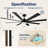 VIVOHOME 72 inch Ceiling Fans with Lights, Flush Mount Large Ceiling Fan with Remote Outdoor Indoor, for Living Room, Bedroom, Patios, 6+1 Speeds Reversible, 3CCT, Dimmable, Timer, Black VIVOHOME