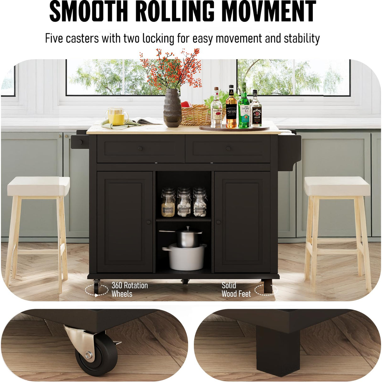 Coolove Kitchen Island with Storage on Wheels, 53" Large Rolling Kitchen Island with Drop Leaf, Mobile Kitchen Islands Cart with 2 Drawers, Bamboo Countertop Islands Table with Towel Spice Rack, Black Coolove