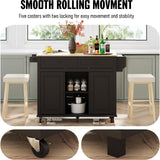 Coolove Kitchen Island with Storage on Wheels, 53" Large Rolling Kitchen Island with Drop Leaf, Mobile Kitchen Islands Cart with 2 Drawers, Bamboo Countertop Islands Table with Towel Spice Rack, Black Coolove