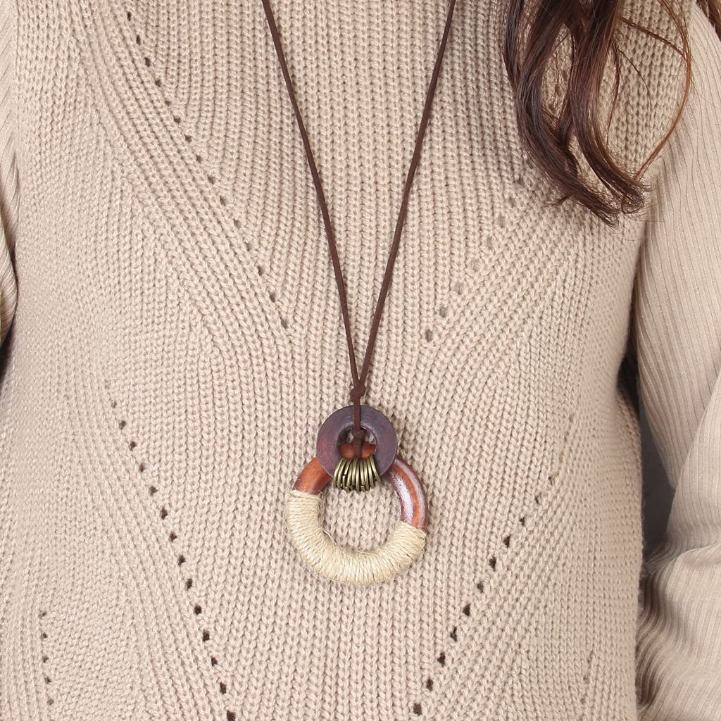 GelConnie Womens Pendant Necklace Wood Handmade Jewelry Leather Necklace Long Rope Sweater Necklace for Woman GelConnie