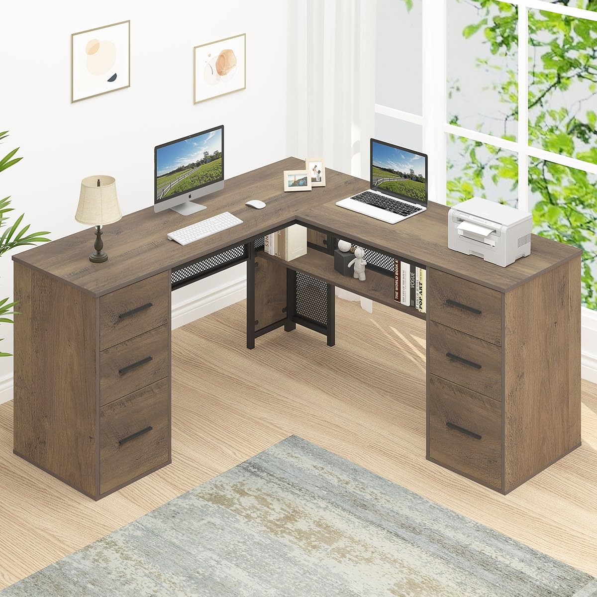 HSH Large L Shaped Home Office Desk with Drawers, Rustic L-shaped Computer Desk with Storage File Cabinet Shelves, Corner Reversible Metal Wood Executive Work Study Writing Table, 59 Inch Bedroom Desk HSH