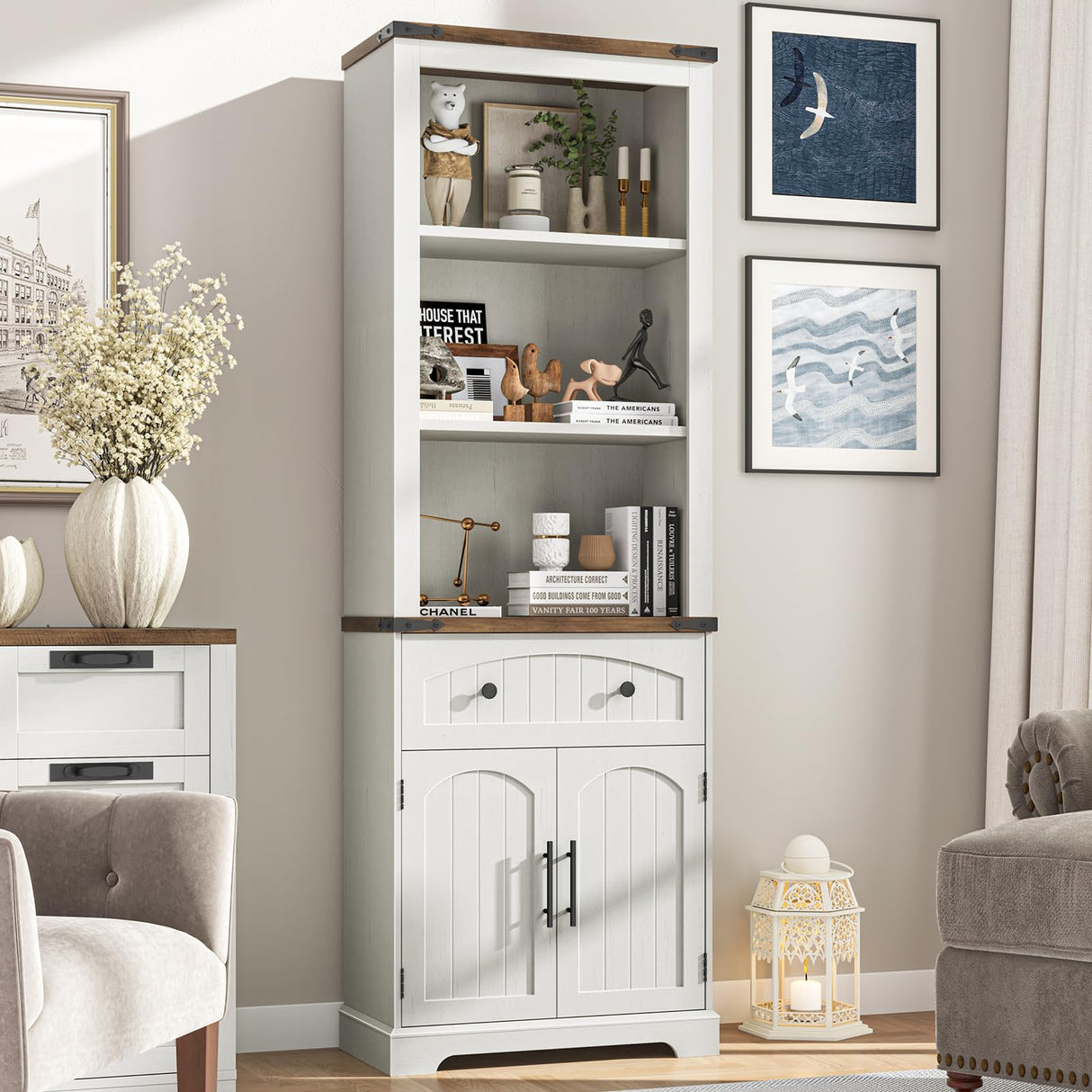 Vabches Farmhouse Bookshelf with Storage Cabinet, 70" Tall Bookcase with Adjustable Shelves and Drawers, 3 Tier Wood Display Storage Cabinet with Doors for Home Office, Living Room, Rustic White Vabches
