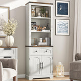 Vabches Farmhouse Bookshelf with Storage Cabinet, 70" Tall Bookcase with Adjustable Shelves and Drawers, 3 Tier Wood Display Storage Cabinet with Doors for Home Office, Living Room, Rustic White Vabches