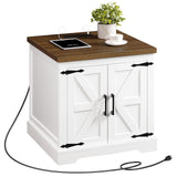 MAHANCRIS Farmhouse Nightstand with Charging Station, 24" Large End Table with Barn Door and Adjustable Storage Shelf, Square White Nightstand, Rustic Bedside Table for Bedroom, Living Room MAHANCRIS