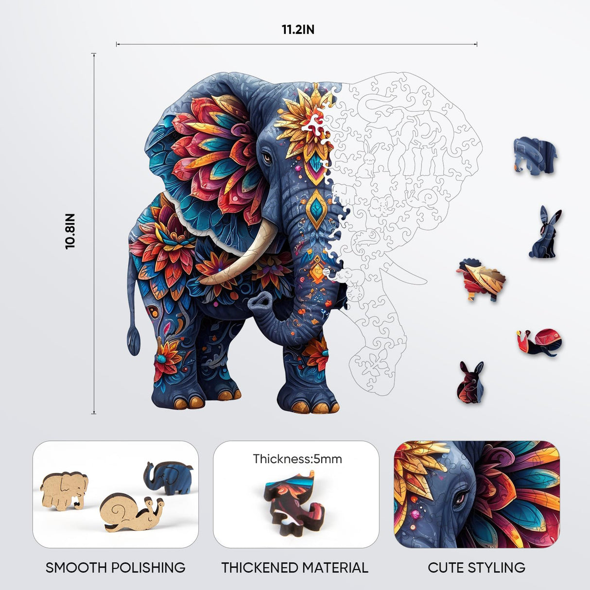 delobil Elephant Wooden Puzzles for Adults, Jigsaw Puzzles 500 Pieces, Unique Shape Puzzles with Wooden Box, 16.7" x 16.1" Royal Size Family Game Gift, Fun Challenging Puzzles for Adults and Kids delobil