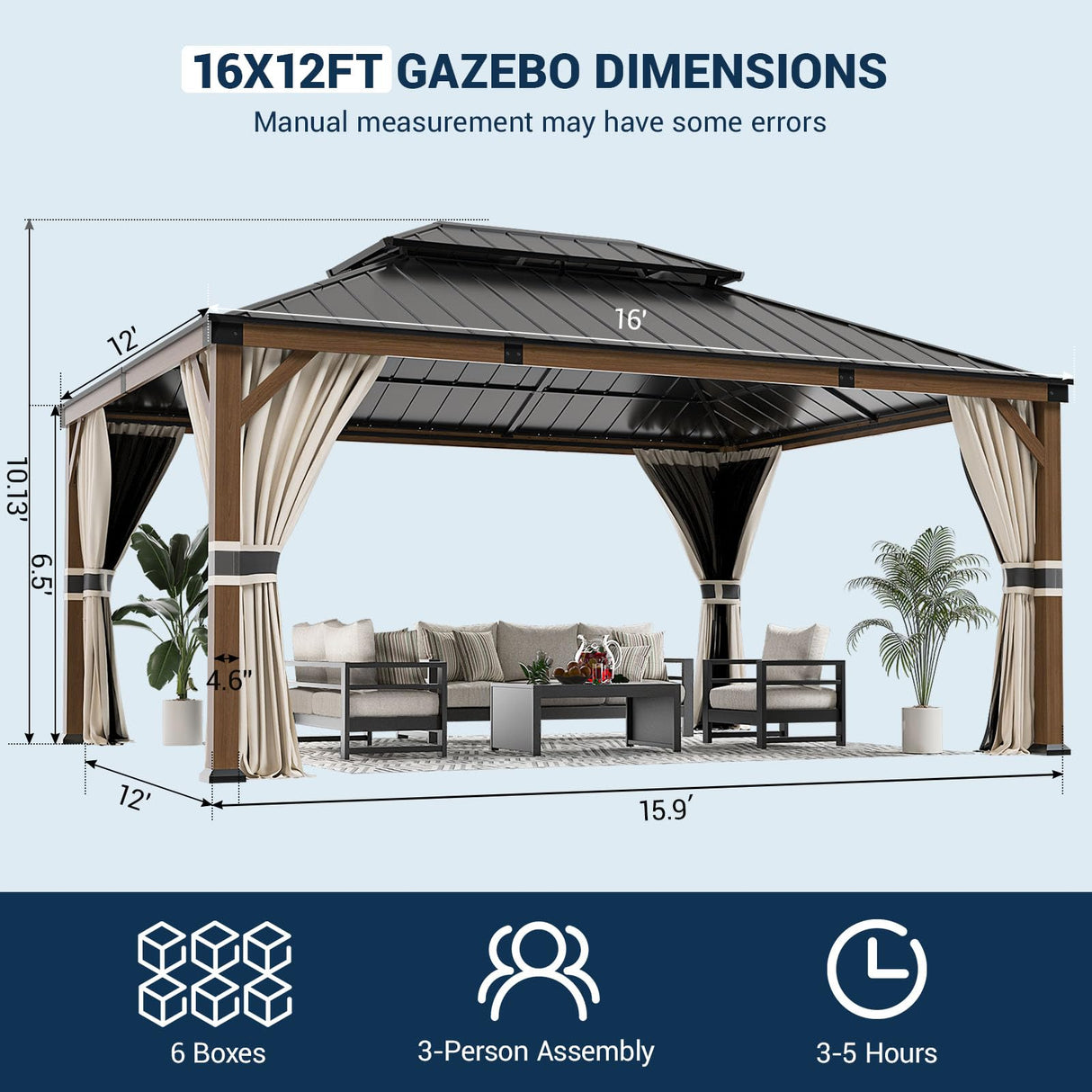 UDPATIO 12' x 16' Hardtop Gazebo, Wood Grain Finish Aluminum Frame Outdoor Gazebo with Galvanized Steel Double Roof, Metal Gazebo Canopy with Curtain and Netting for Patio, Deck and Lawn, Beige UDPATIO