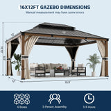 UDPATIO 12' x 16' Hardtop Gazebo, Wood Grain Finish Aluminum Frame Outdoor Gazebo with Galvanized Steel Double Roof, Metal Gazebo Canopy with Curtain and Netting for Patio, Deck and Lawn, Beige UDPATIO