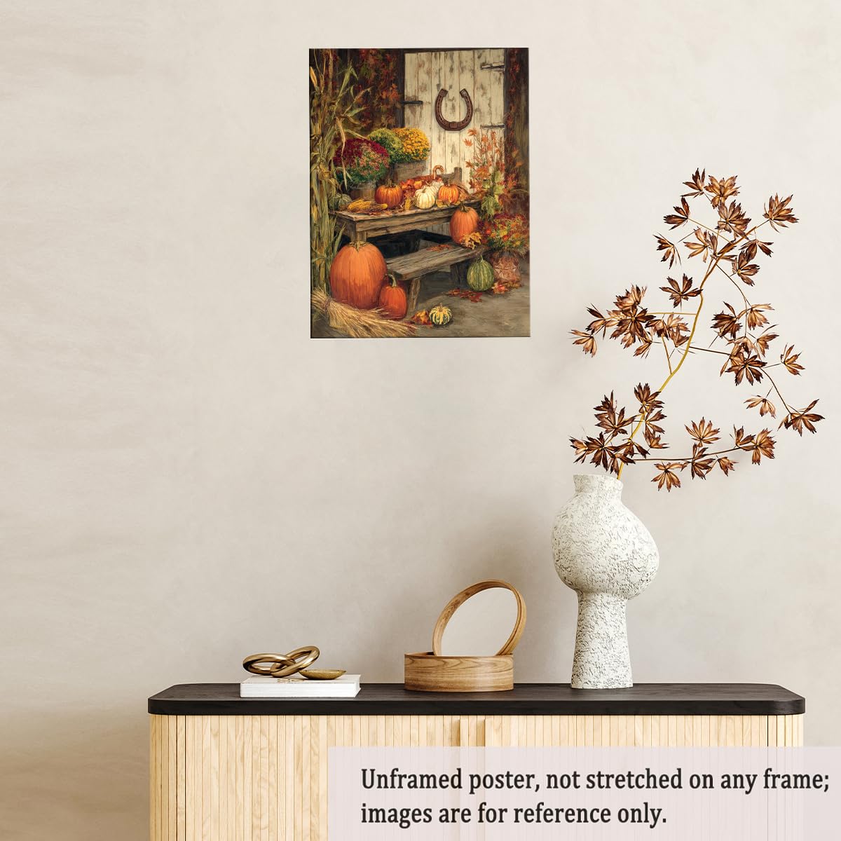 Rustic Harvest Porch Wall Art – Autumn Pumpkin and Corn Still Life Canvas Print with Flowers and Horseshoe Barn Door for Farmhouse Fall Decor 12x16in Unframed Generic