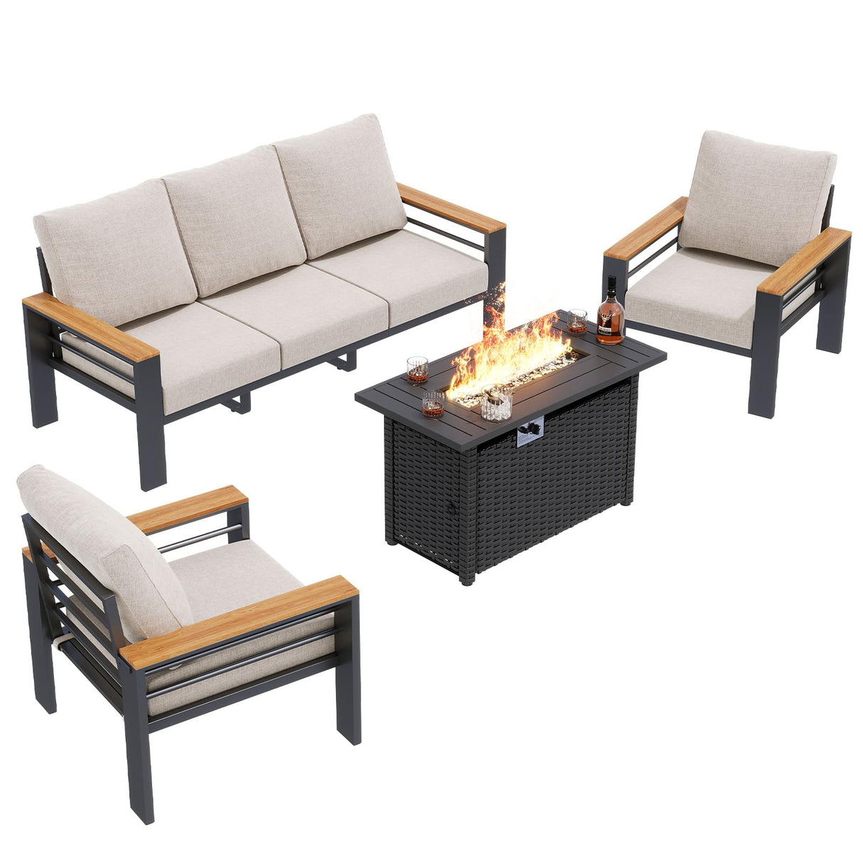 Aoxun Aluminum Outdoor Patio Furniture Set, 6-Piece Outdoor Sectional with 44'' Propane Gas Firepit Table, Patio Conversation Sets with Upgraded Armrests and Cushions for Backyard (Grey,5 Seats) Aoxun