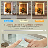 usikey Farmhouse Makeup Vanity Desk with Mirror and Lights, Glass Tabletop Makeup Vanity with Adjustable Shelves, Vanity Table Set with 2 Drawers and Side Cabinet for Bedroom, White usikey