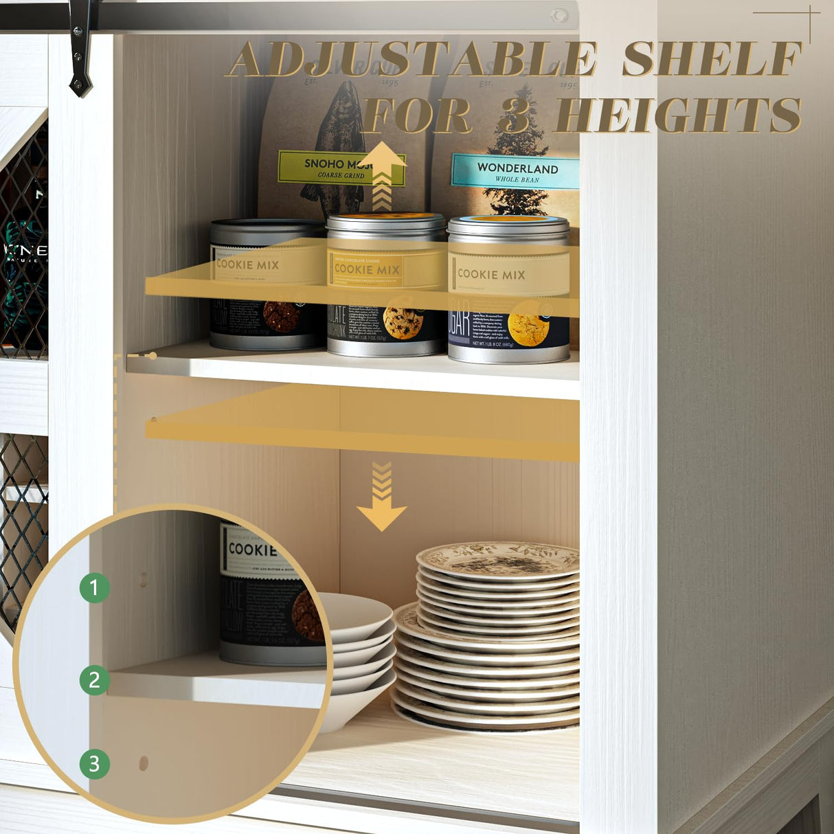 55" Coffee Bar Cabinet with LED Lights, Farmhouse Wine Bar Cabinet for home with wine glass rack, Kitchen Buffet Cabinet with Sliding Door & 4 Tier Storage for Dining Living Room (Antique White) PRETZI