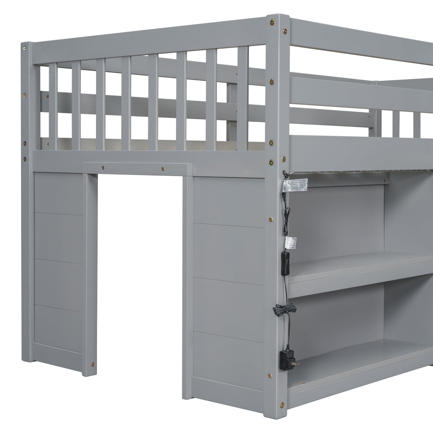 Luckiofvonne Grey Twin Size Low Loft Bed with Storage Shelves and LED Light - WoodArtSupply