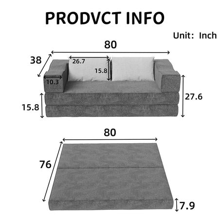 Folding Sofa Bed - 80" Convertible Couch Bed with 2 Pillows, Fold Out Couch, Foam Spring Floor Mattress, Futon Couch, King Size Bed Mattress for Living Room/Dorm/Guest Room/Home Office (Gray, 80") CAPCAEK