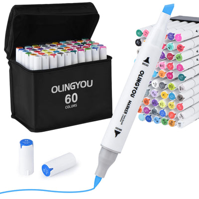 OLINGYOU alcohol markers brush tip, 60 Colors Brush & Chisel Permanent Alcohol Markers Set, Dual Tip Art Markers Set for Kids Adult Coloring