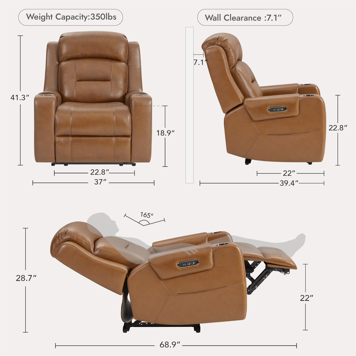 Watson & Whitely Genuine Leather Power Recliner Chairs for Adults, Lay Flat Recliner with Power Headrest, USB Ports and Cup Holders, Electric Reclining Chair for Living Room, Bedroom, Saddle Brown Watson & Whitely