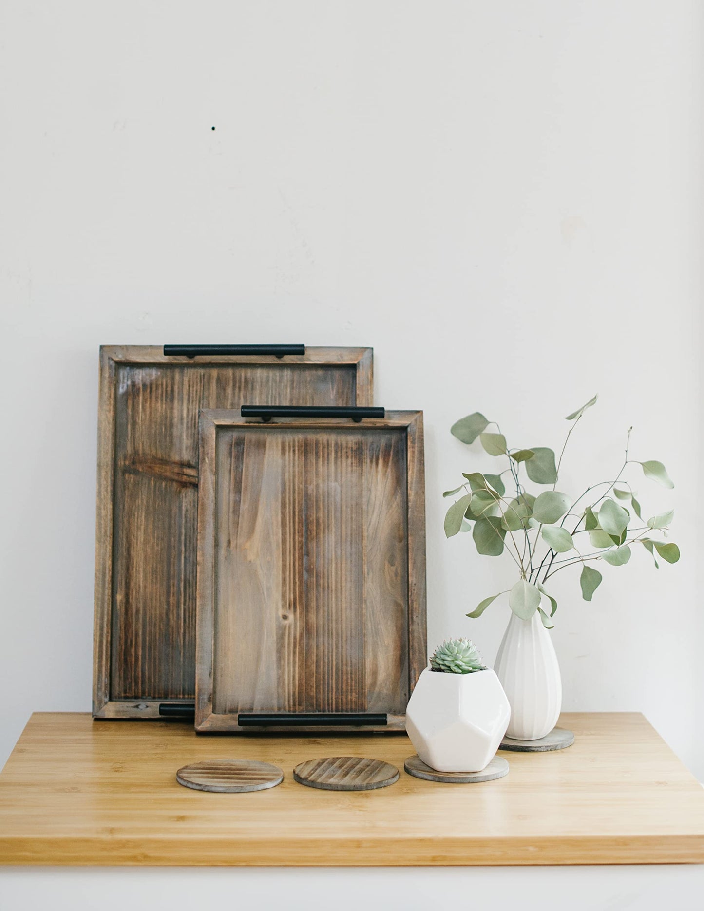 Decorative Ottoman Serving Tray Wooden Rustic (Set of 2), Rustic Brown | Black Sleek Metal Handles | 4 Matching Coasters | Coffee Table Decor | Serving Kitchen Platter | for All Occasions