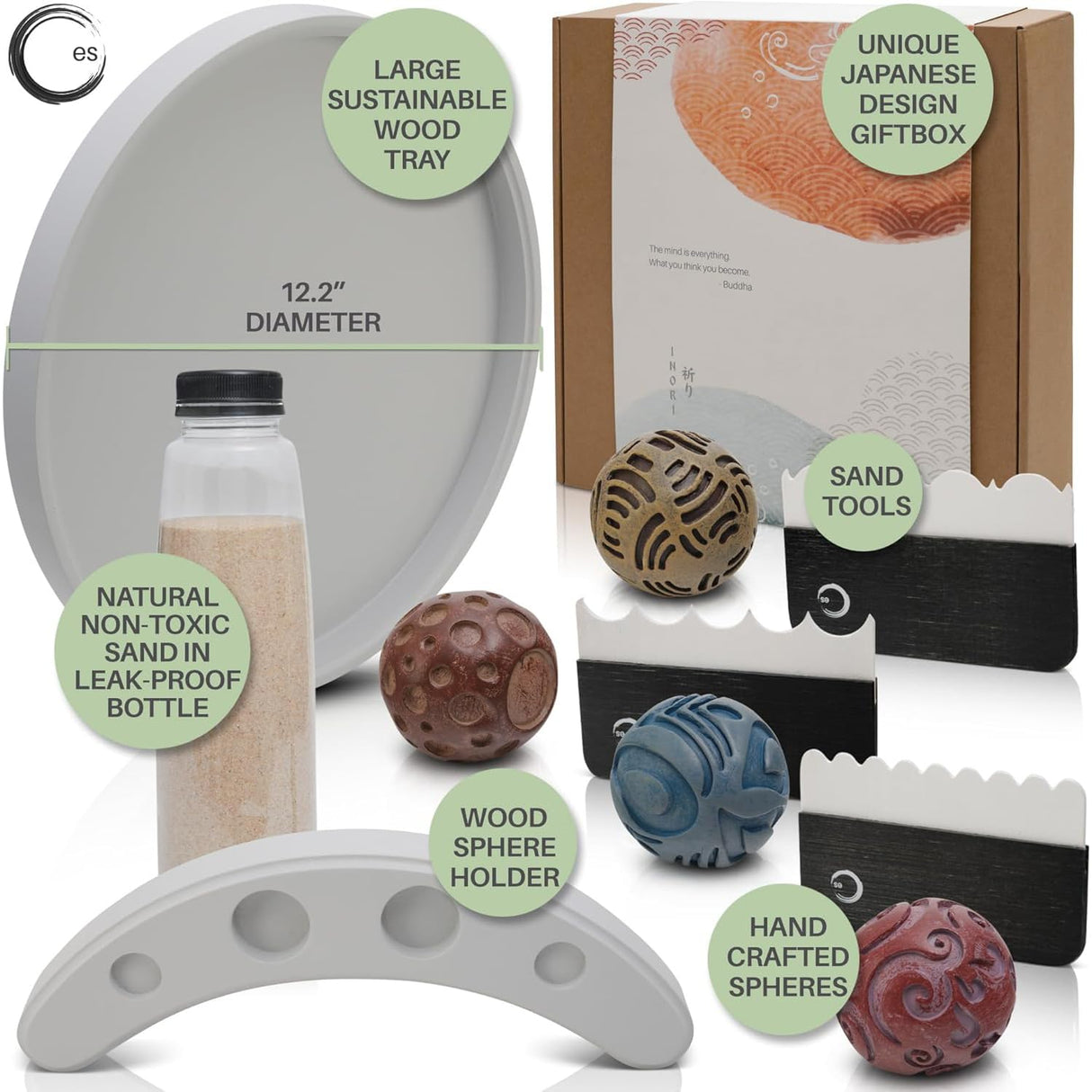 ENSO Japanese Zen Garden Kit for Desk - Inori Premium Sand Garden Gift Set for Meditation Therapy - Mini Zen Décor Office Desktop Accessories - Solid Wood Tray, 4 Hand Crafted Spheres & Custom Holder ENSO SENSORY