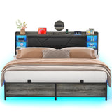 Unikito King Size Bed Frame with LED Lights, Power Outlets, and Upholstered Headboard in Black Oak Unikito
