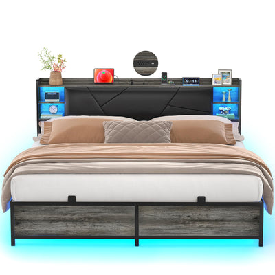 Unikito King Size Bed Frame with LED Lights, Power Outlets, and Upholstered Headboard in Black Oak