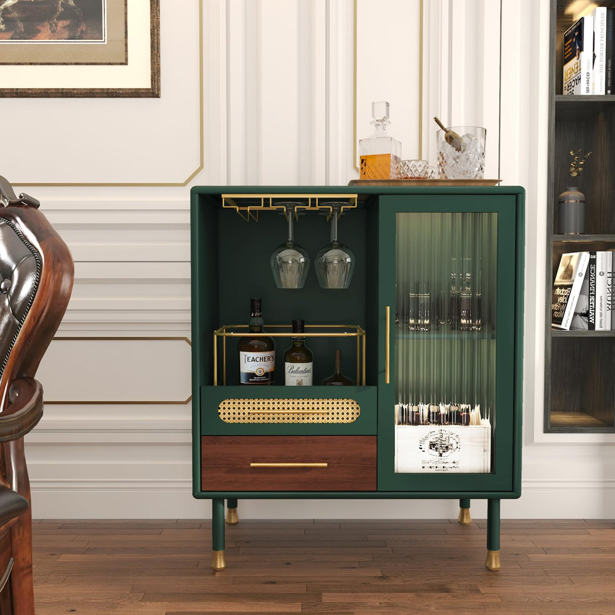 ARTPOWER Modern Coffee Bar Cabinet with Wine Glass Rack and Drawers, Green Liquor Cabinet with Pull-Out Wine Storage for Kitchen, Dining Room, Living Room ARTPOWER