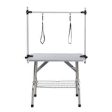 36" Pet Dog Grooming Table, Foldable Stainless Steel Frame Pet Drying Grooming Table Up to 330lbs, Professional Bathing Desk for Dogs at Home with Adjustable Overhead Arms, Noose, Mesh Tray, Silvery Afqxf
