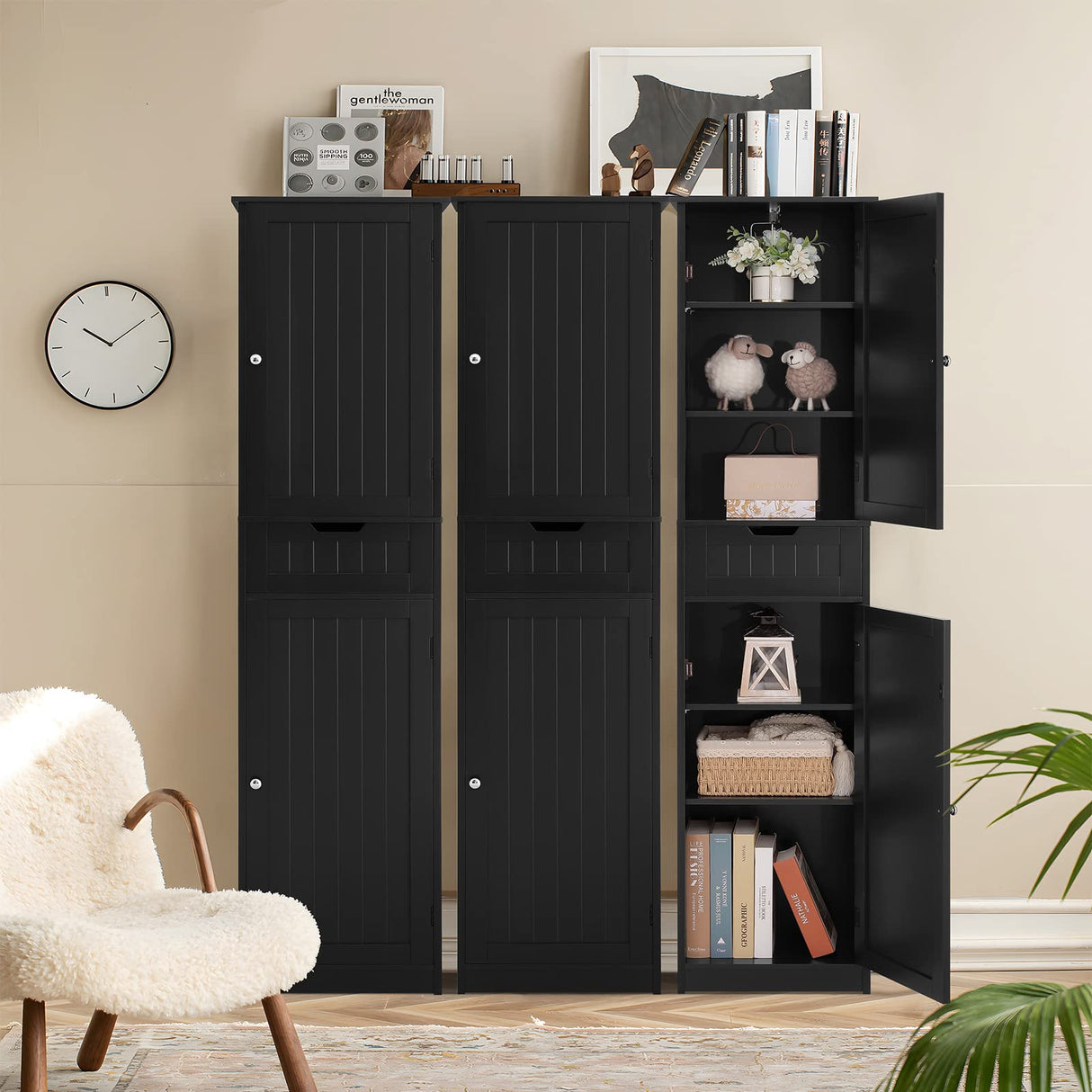 Iwell Tall Bathroom Cabinet, Storage Cabinet with 2 Doors, Narrow Floor Storage Cabinet with Adjustable Shelves for Bathroom, Living Room, Black Iwell