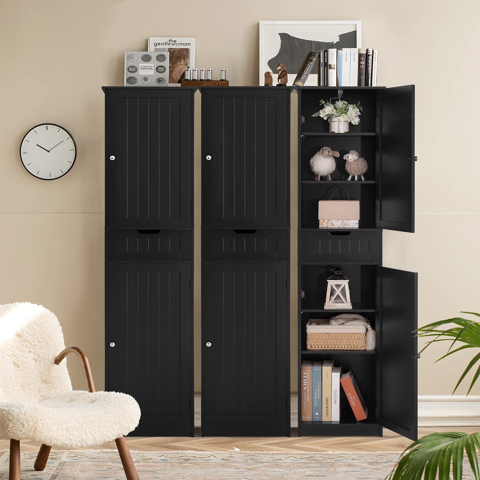 Iwell Tall Bathroom Cabinet, Storage Cabinet with 2 Doors, Narrow Floor Storage Cabinet with Adjustable Shelves for Bathroom, Living Room, Black - WoodArtSupply