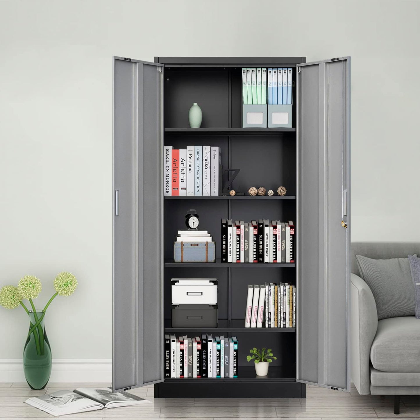 Metal Garage Storage Cabinet, 71" Office filing Storage Cabinet with 4 Adjustable Metal Shelves, Tall Large Utility Steel Cabinet with Door and Lock, for Office, Garage & Pantry Organizer Cabinet.