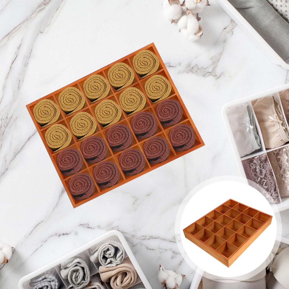 PRETYZOOM Wooden Sorting Tray 20 Grids Socks Underwear Storage Divider Box Drawer Desk Organizer Closet Cabinet Box for Crafts Jewelry Handkerchief Tie PRETYZOOM