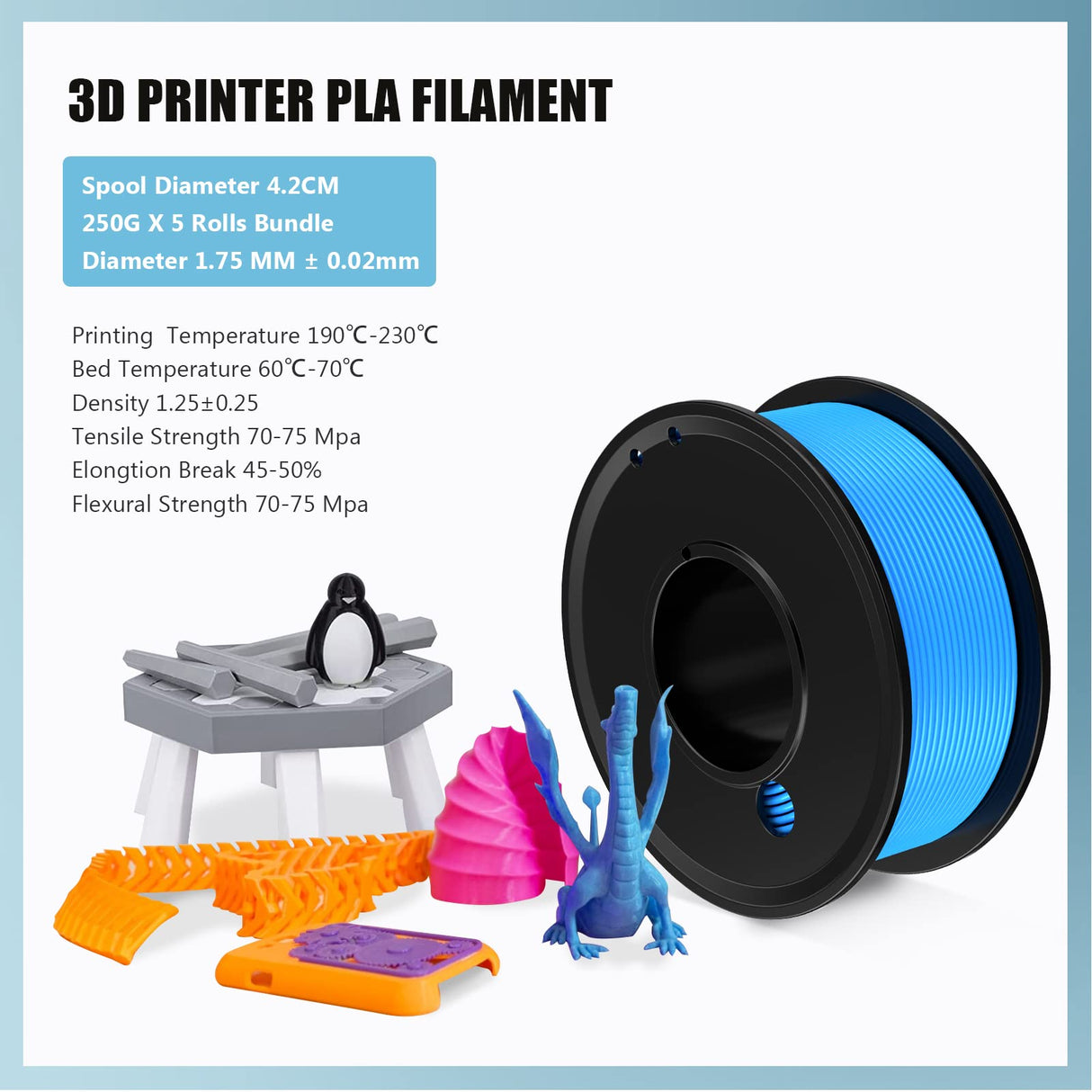 Haosegd 3D Printer Filament PLA 1.75mm 3-D Printing Materials 5 Colors Bundle Print Filimate 1.75 mm Orange Green Blue Yellow Purple Filiment1.75 Accuracy ±0.02mm Fillament Spool Vacuum Pack 250G X 5 Haosegd